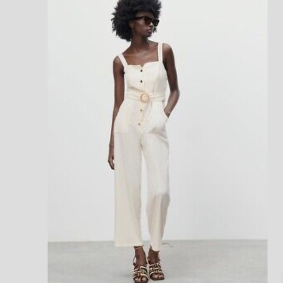 Zara Ivory high waisted w belt ankle jumpsuit - Picture 3 of 13